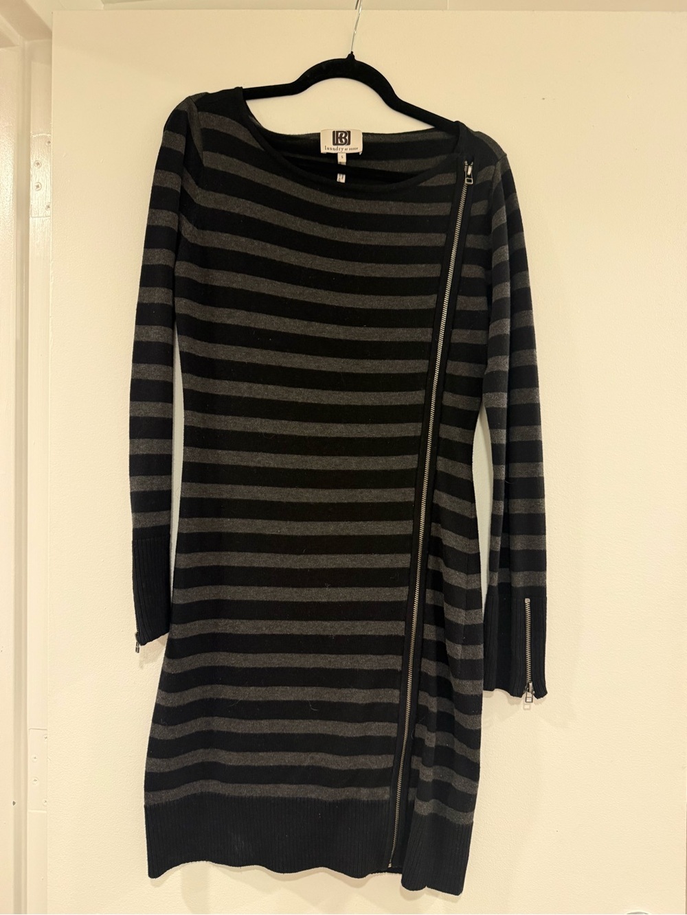 Laundry By Shelli Segal Black and Gray Striped Long-Sleeve Sweater Dress